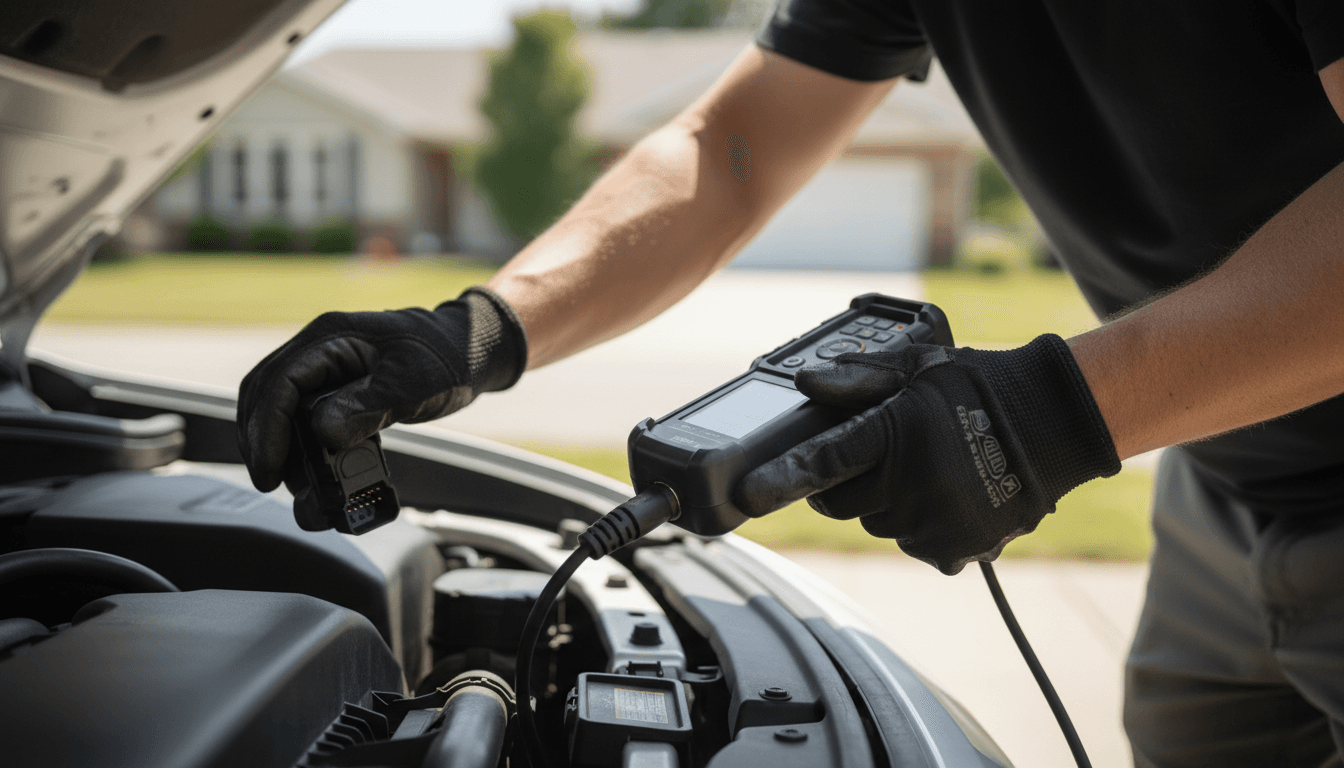 Mechanic performing diagnostic scan on vehicle at customer's home