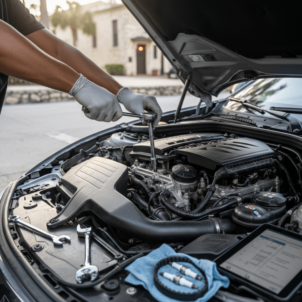 African-American mechanic's hands working on a car engine with precision tools in a mobile repair setup