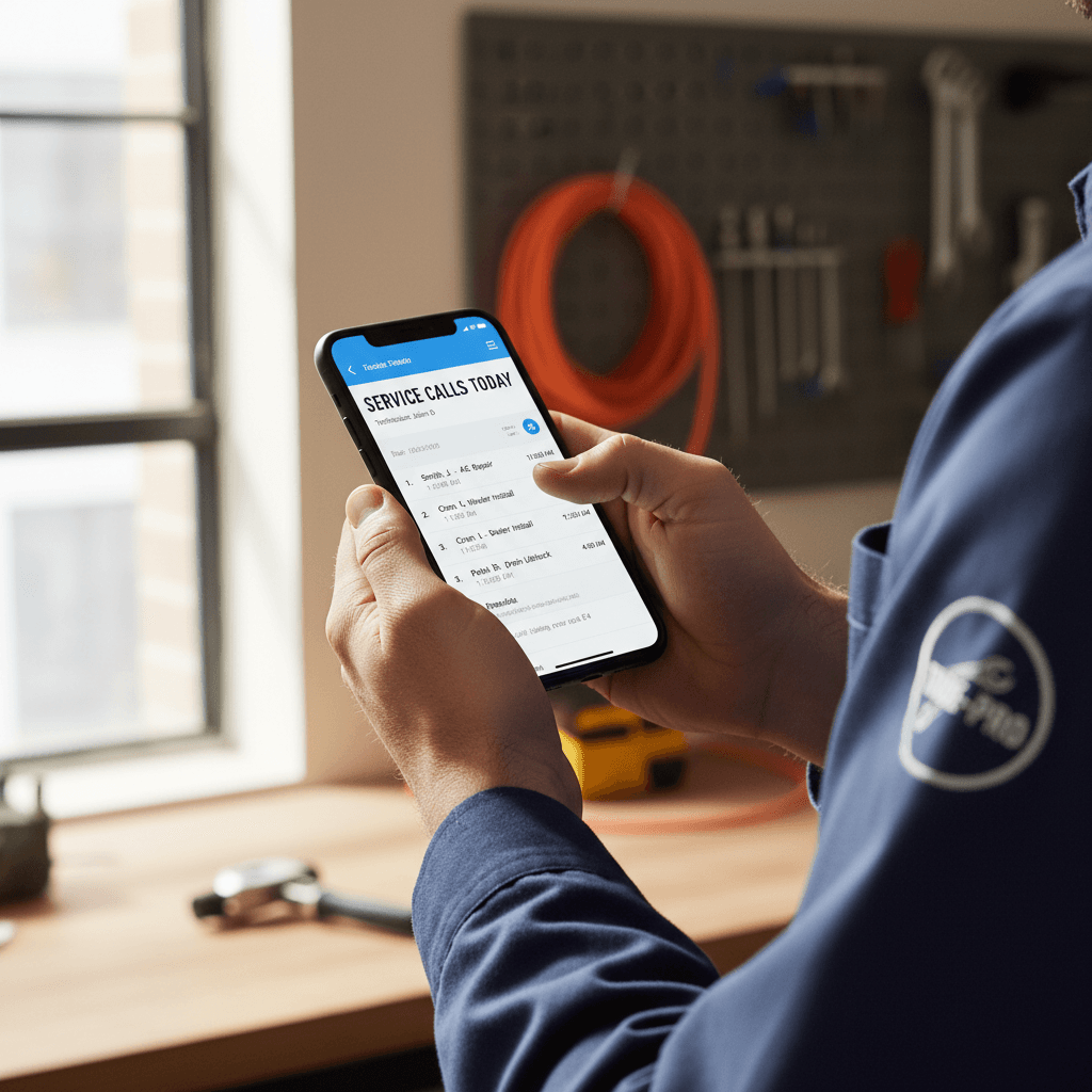 Tradesperson reviewing organized call summaries and customer details on smartphone screen in professional workspace