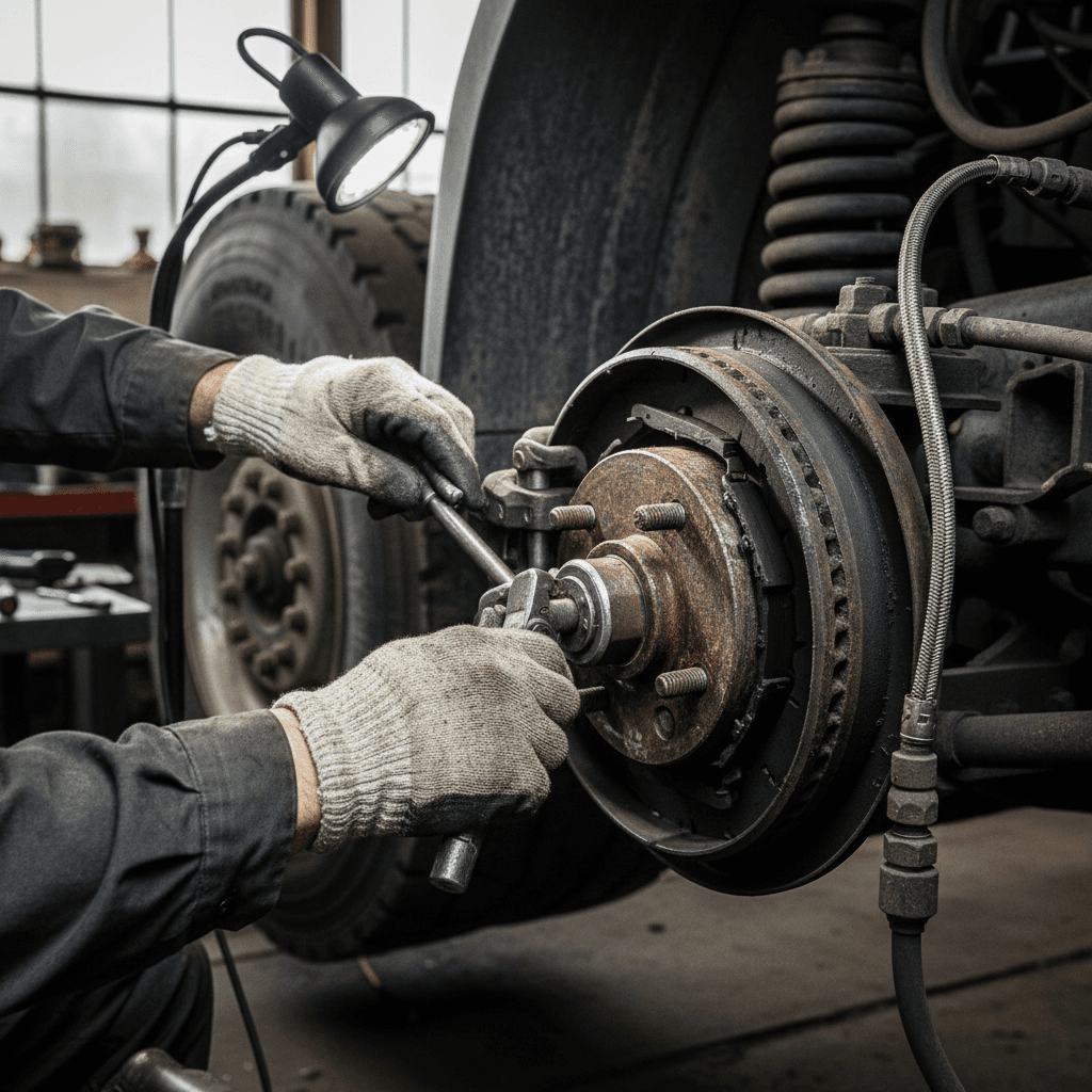Mechanic's hands performing detailed brake system inspection and repair on heavy-duty truck suspension
