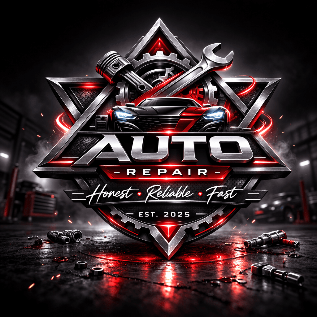 Metallic auto repair logo featuring a car, wrench, and piston with glowing red accents.