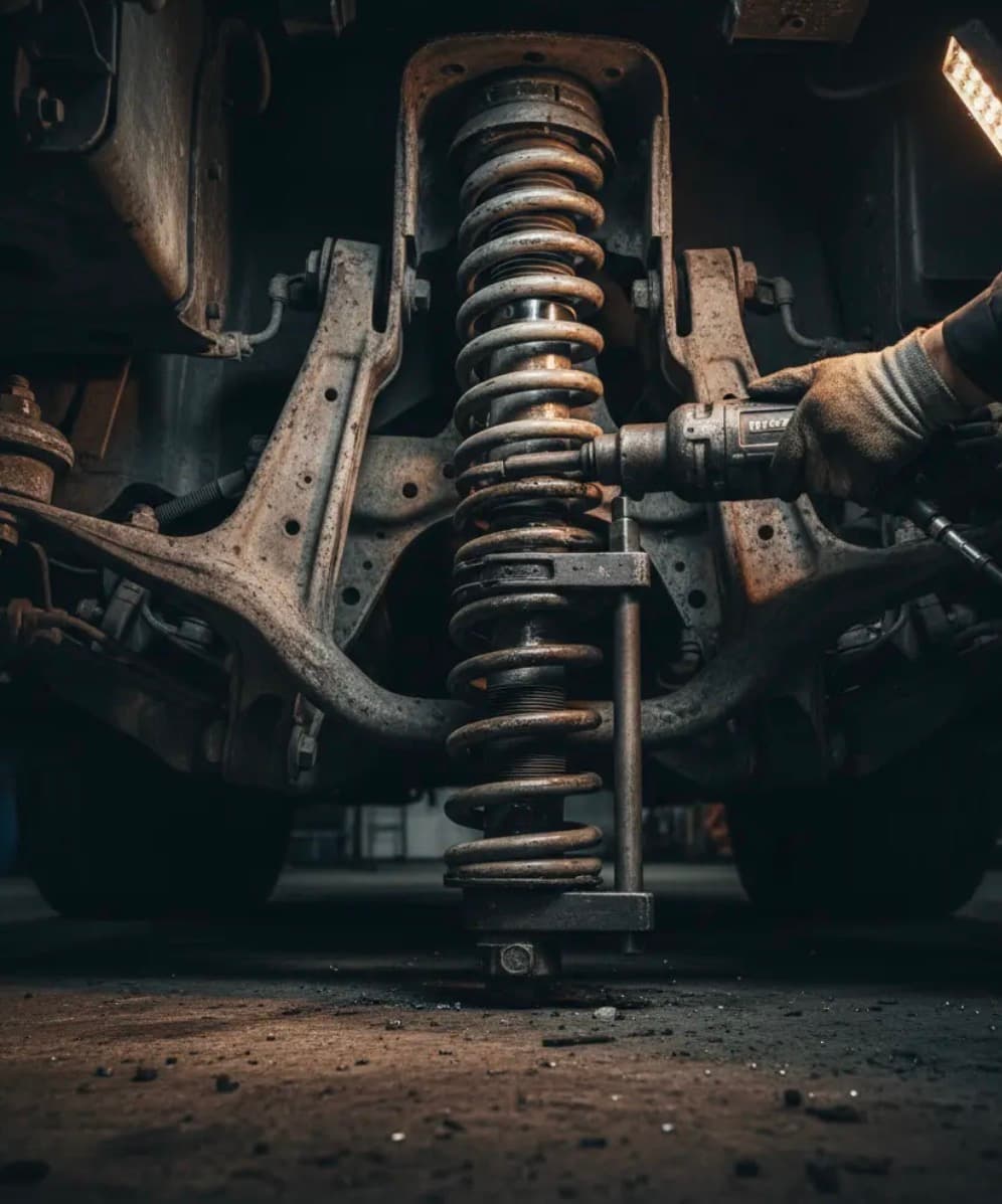 Mechanic's gloved hand using a power tool to repair a rusty vehicle suspension coil spring.