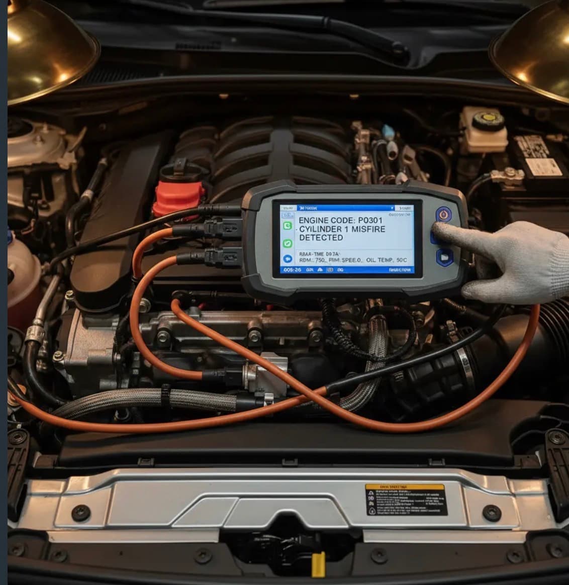 Gloved hand using diagnostic scanner displaying a cylinder misfire error code on a car engine.