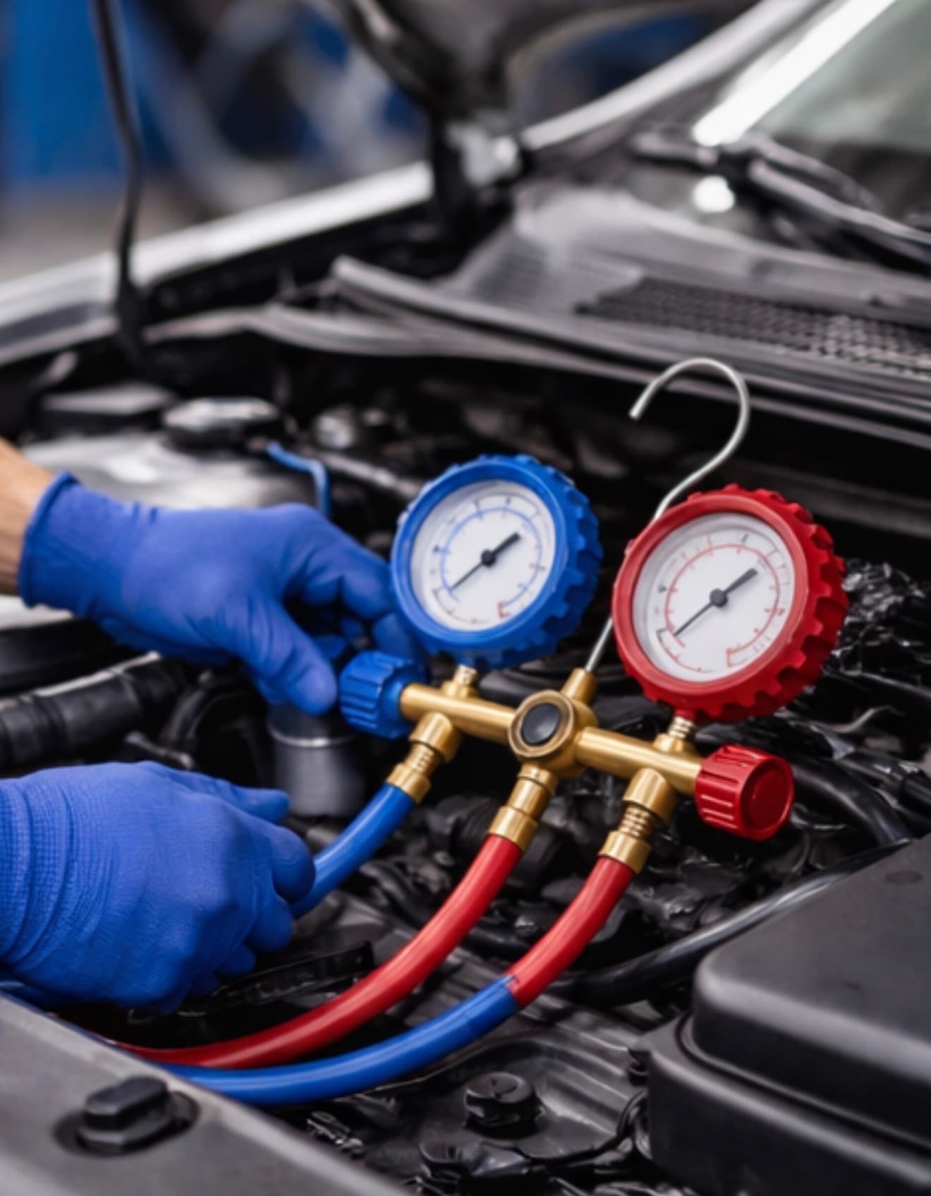 Gloved hands using a manifold gauge set to service a vehicle's air conditioning system.