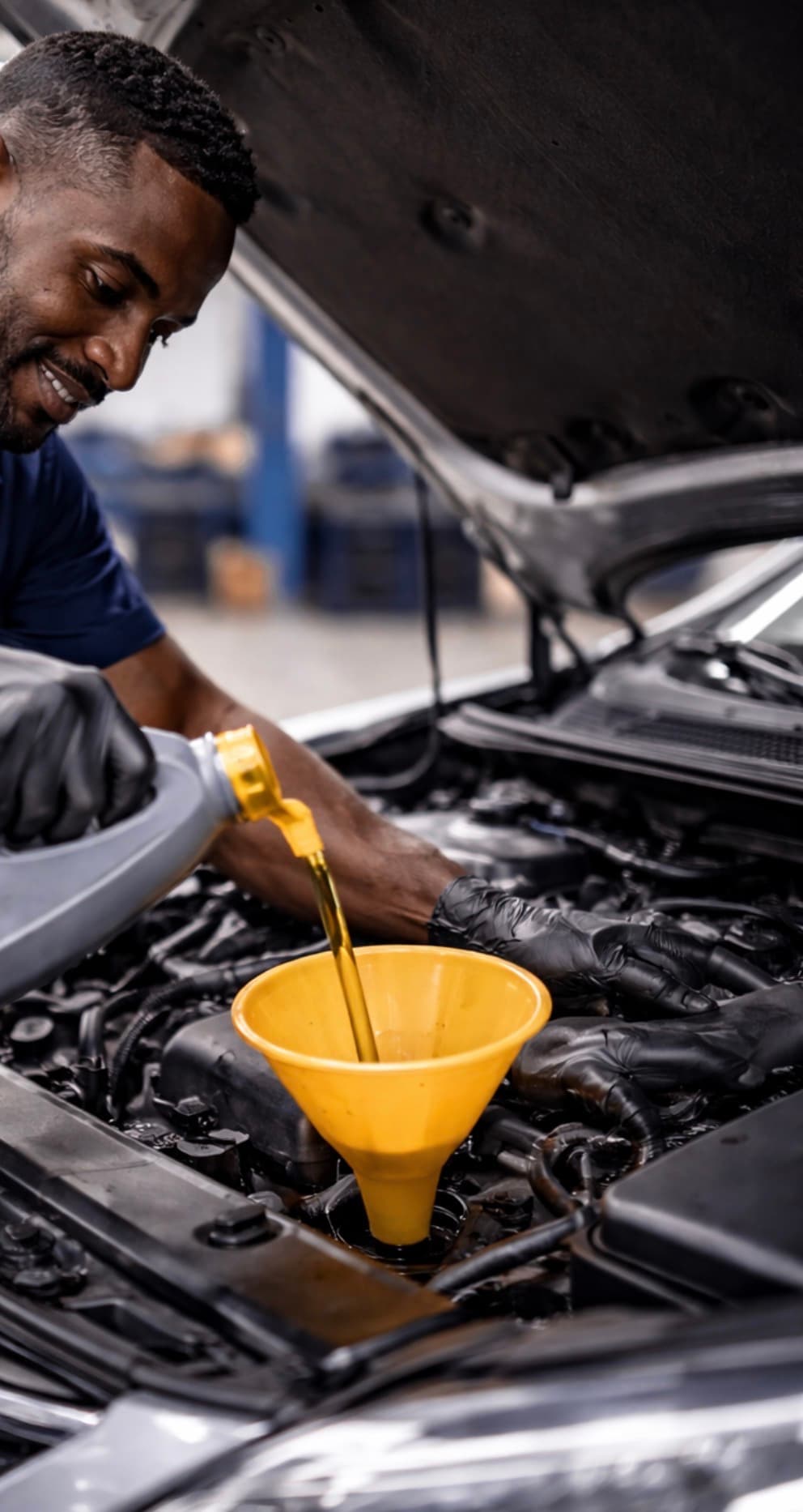 Smiling mechanic pouring fresh motor oil through a yellow funnel into a car engine.